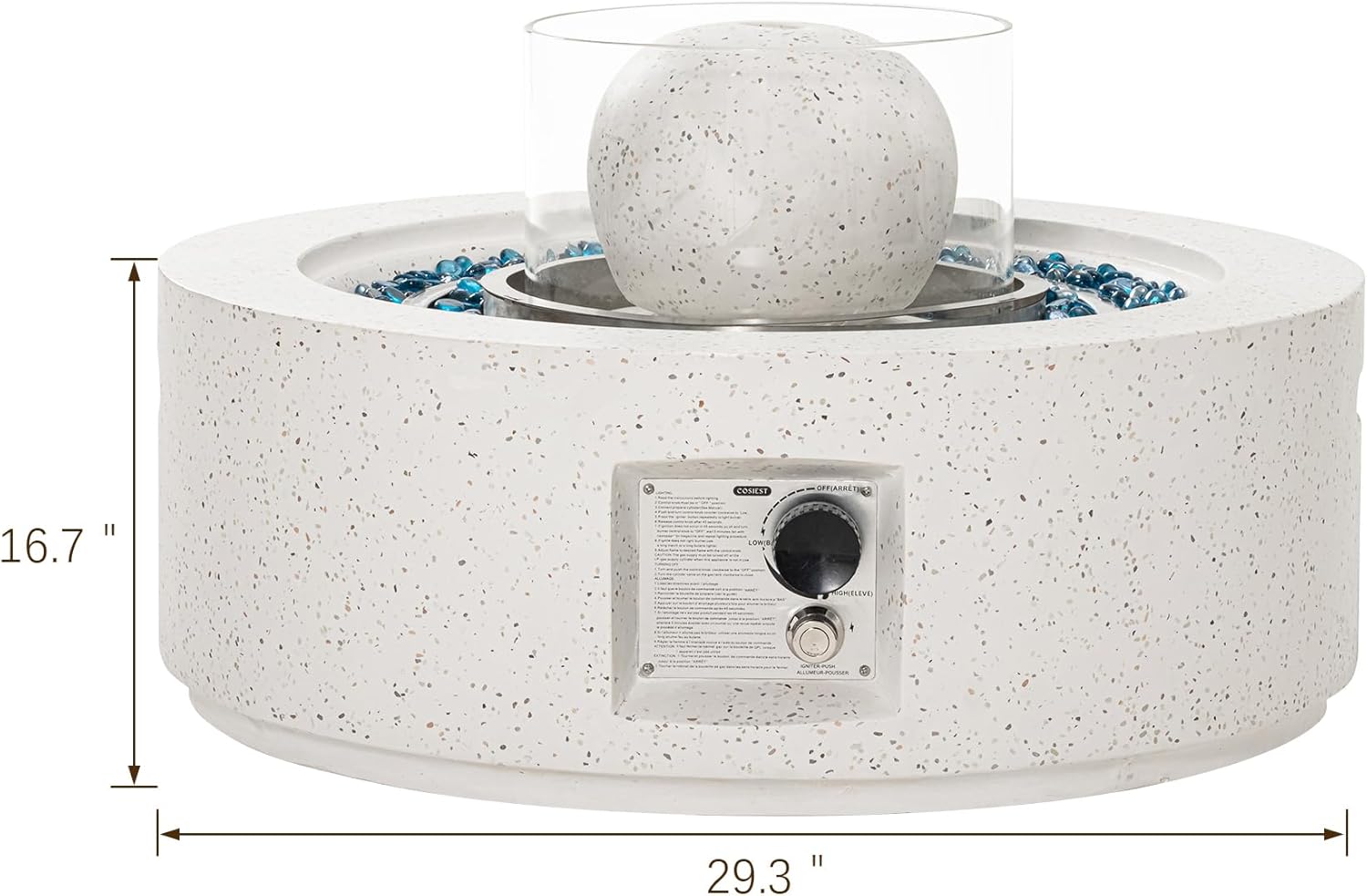 SUNBURY Outdoor Propane Fire Pit, Round Gas Fire Pit, 50,000 BTU 29 Inch Patio Fountain Fire Table Garden Decoration Concrete Gas Fire Table w Waterproof Cover, Blue Fire Glass, Spotted White