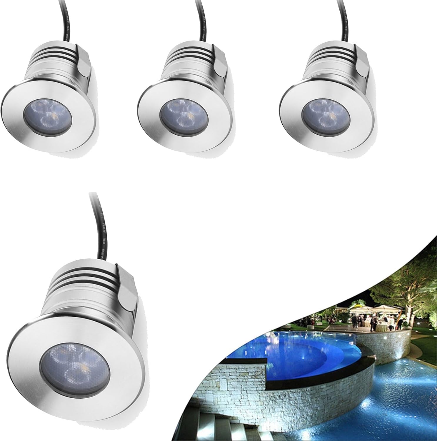 4Pcs Ground Landscape Lights - LED Ring Fountain Light, 3W Fountain Ring Light, IP68 Waterproof Stainless Steel Submersible Lights, for Inground Swimming Pools Ponds Fountains Steps(White)