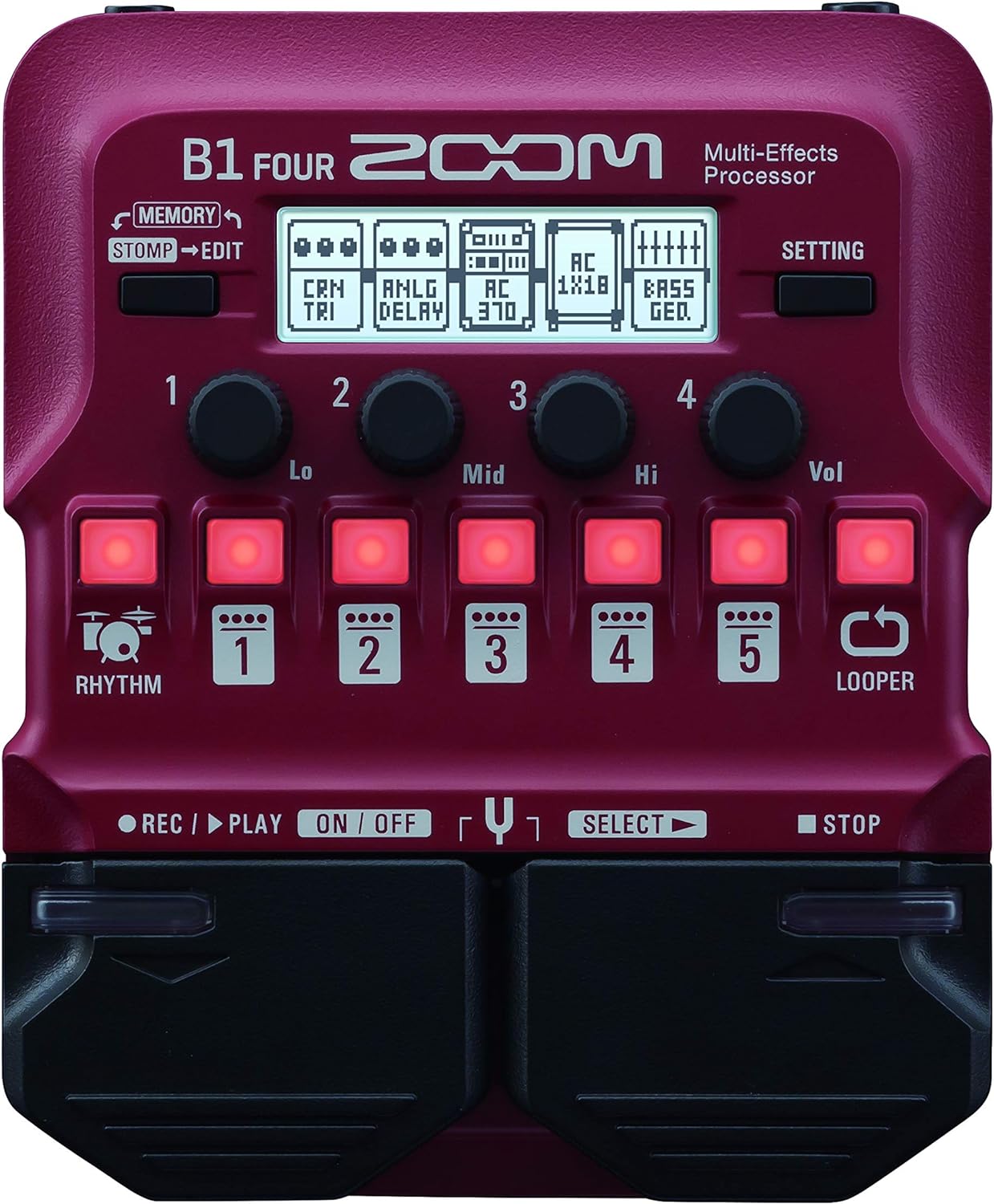 Zoom B1 Four Bass Multi-Effects Processor Pedal, with 60+ Built-in Effects, Amp Modeling, Looper, Rhythm Section, Tuner, Battery Powered
