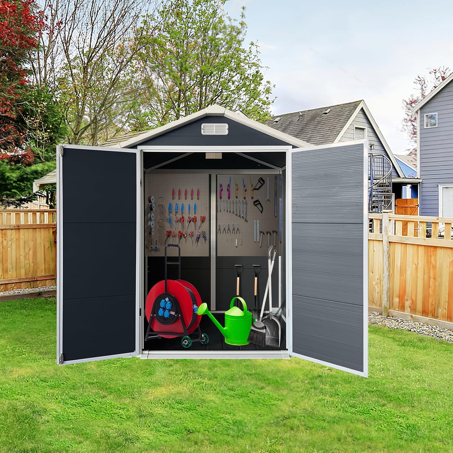 6x4 FT Outdoor Storage Shed with Lockable Door & Included Floor, Durable Plastic Garden Shed in Cold Grey for Backyard, Patio, Lawn