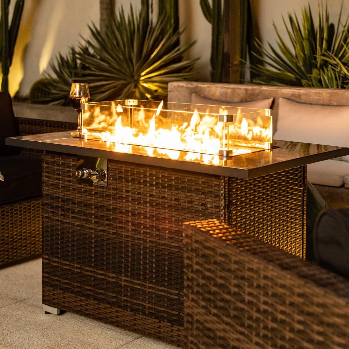 44in Outdoor Fire Pit Table with Natural Gas Conversion Kit, 50,000 BTU Auto-Ignition Gas Firepit with Glass Wind Guard, Marble Tile Tabletop, Mixed Color Glass Rocks, Brown PE Rattan…
