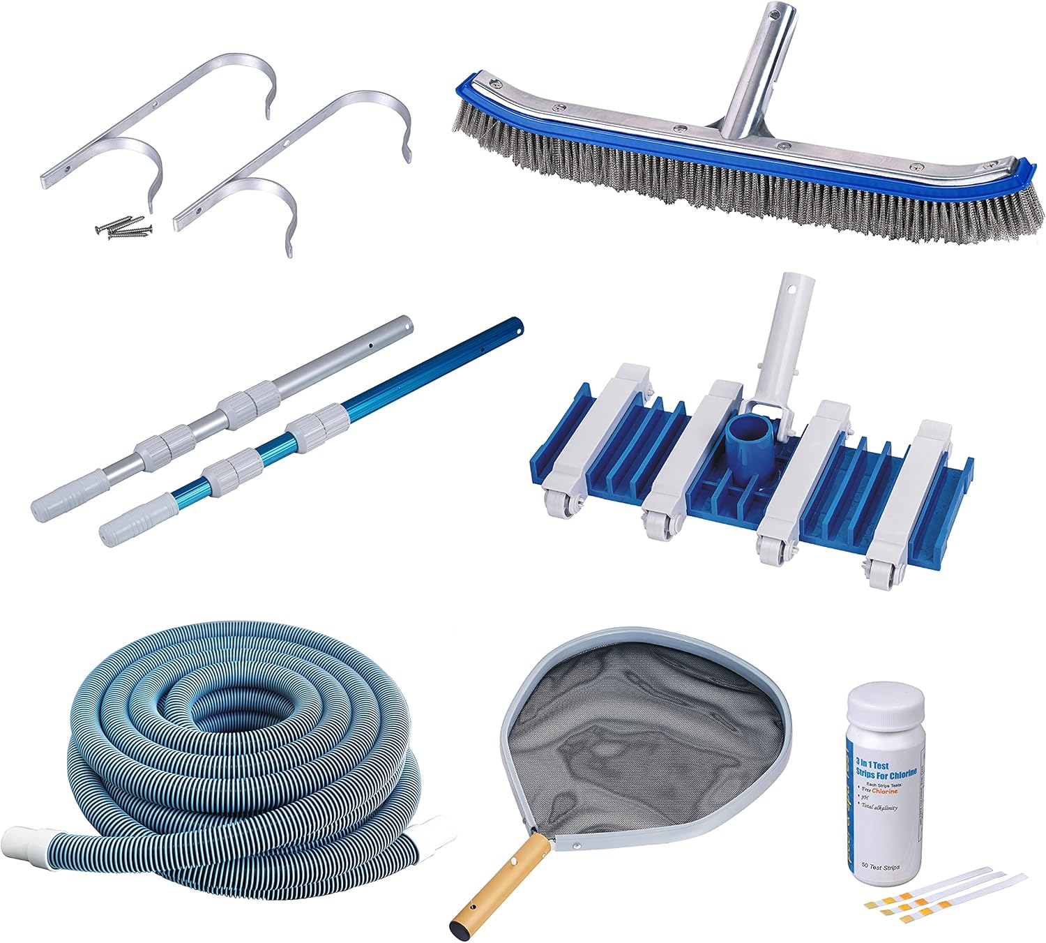 Blue Wave Deluxe Pool Maintenance Kit for In Ground Pool – Includes 15-ft Telepole, 40-ft Vacuum Hose, Leaf Skimmer, Wall Brush, Vacuum Head, Aluminum Hangers and 50 Test Strips