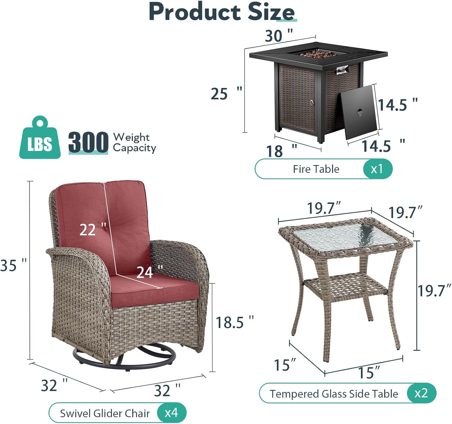 7 Piece Patio Furniture Set with Fire Pit Table - Wicker Patio Conversation Set with 4 Swivel Glider Chairs and 2 Tempered Glass Side Tables for Deck Backyard - Grey Wicker Red Cushion