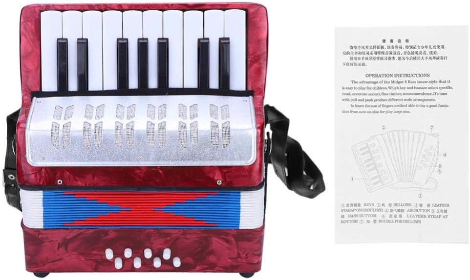 JOEBO Piano Accordion, 17 Key 8 Bass Button Hand Piano Accordion Lightweight Concertina Educational Music Instrument with Manual, for Solo and Ensemble Beginners Students Kid (Red)