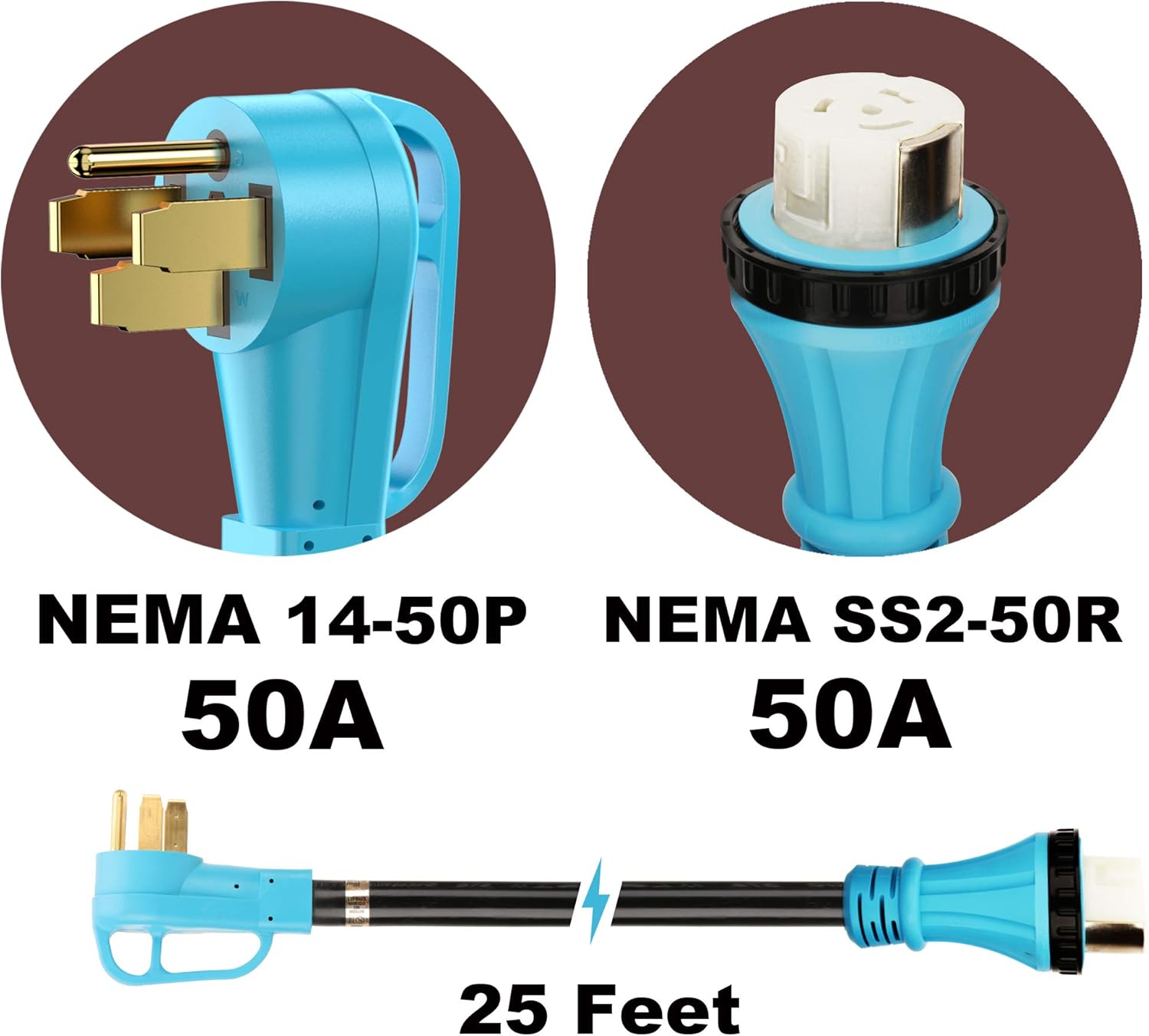 CircleCord UL Listed 50 Amp 25 Feet RV/Generator Cord with Locking Connector, Heavy Duty 6/3+8/1 Gauge STW Wire, 14-50P Male and SS2-50R Twist Locking Female for RV Camper and Generator to House