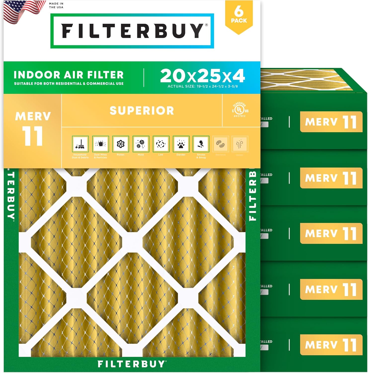 Filterbuy 20x25x4 Air Filter MERV 11 Superior Pet & Allergy Defense (6-Pack), Electrostatic Pleated HVAC AC Furnace Filters Replacement, Made in USA (Actual Size: 19.50 x 24.50 x 3.63)