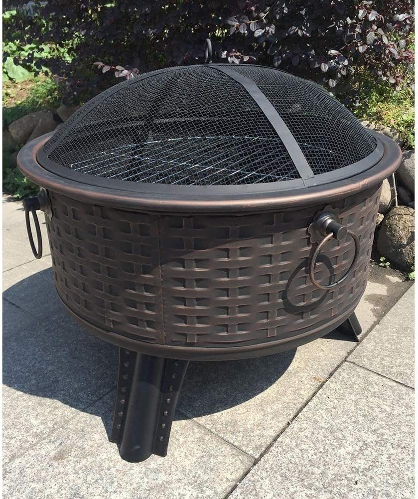 Outdoor Fire Pit Patio Fire Steel BBQ Grill Fire Pit Bowl with Mesh Spark Screen Cover Log Grate Poker for Camping Picnic Bonfire Patio