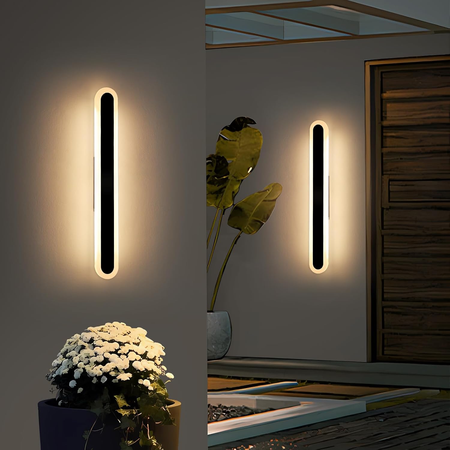 2 Pack 23.6inch Exterior Wall Light Fixture, Long Outdoor Modern LED Wall Lights, 3 Color 3000K/4500K/6000K, 24W, IP65 Waterproof Oval Outside Porch Lighting for House, Garage, Fence, Garden