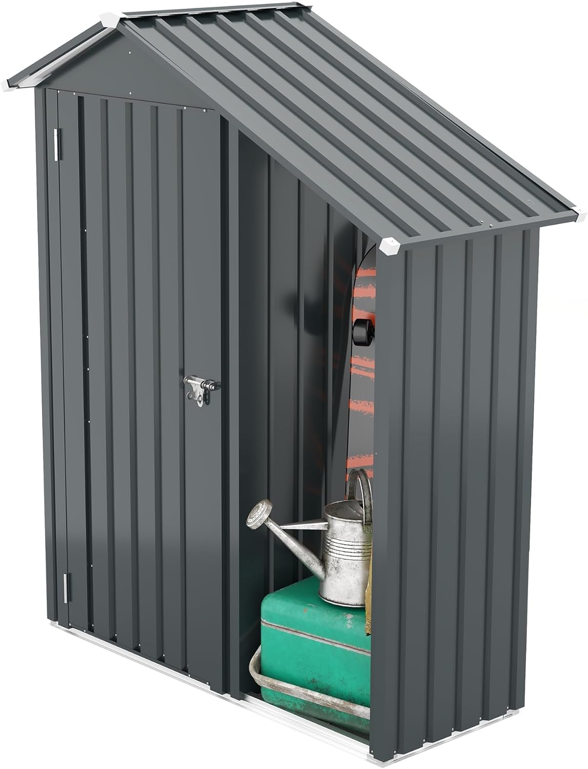 Outdoor Metal Storage Shed, Waterproof Garden Tool Shed with Lockable Cabinet and Open Side, Galvanized Steel Storage Locker for Backyard Patio Garage Tools Organization (Dark Gray)