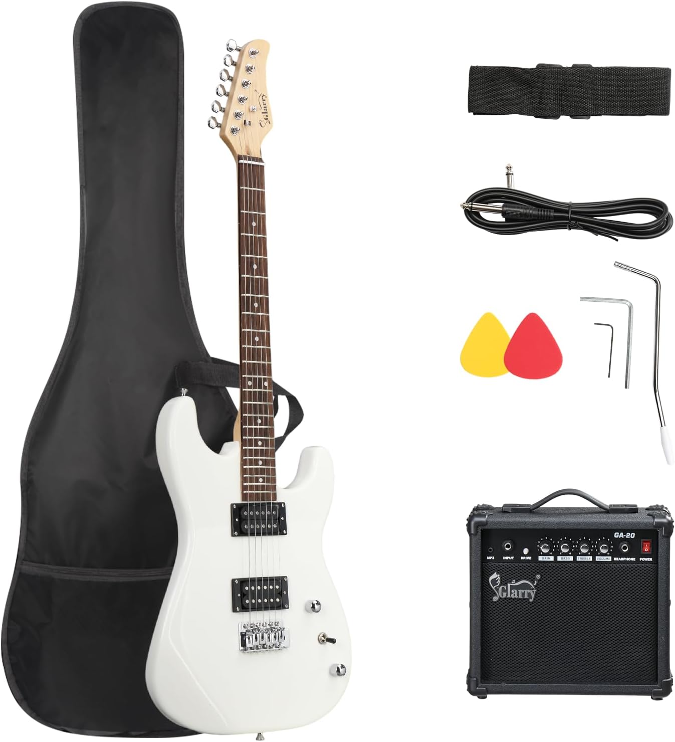 GLARRY 39in Electric Guitar Kit, H-H Pickup Full Size Set for Beginners, Starter Adults with 20W Amp, Guitar Bag, Strings, Strap, Pick (White)