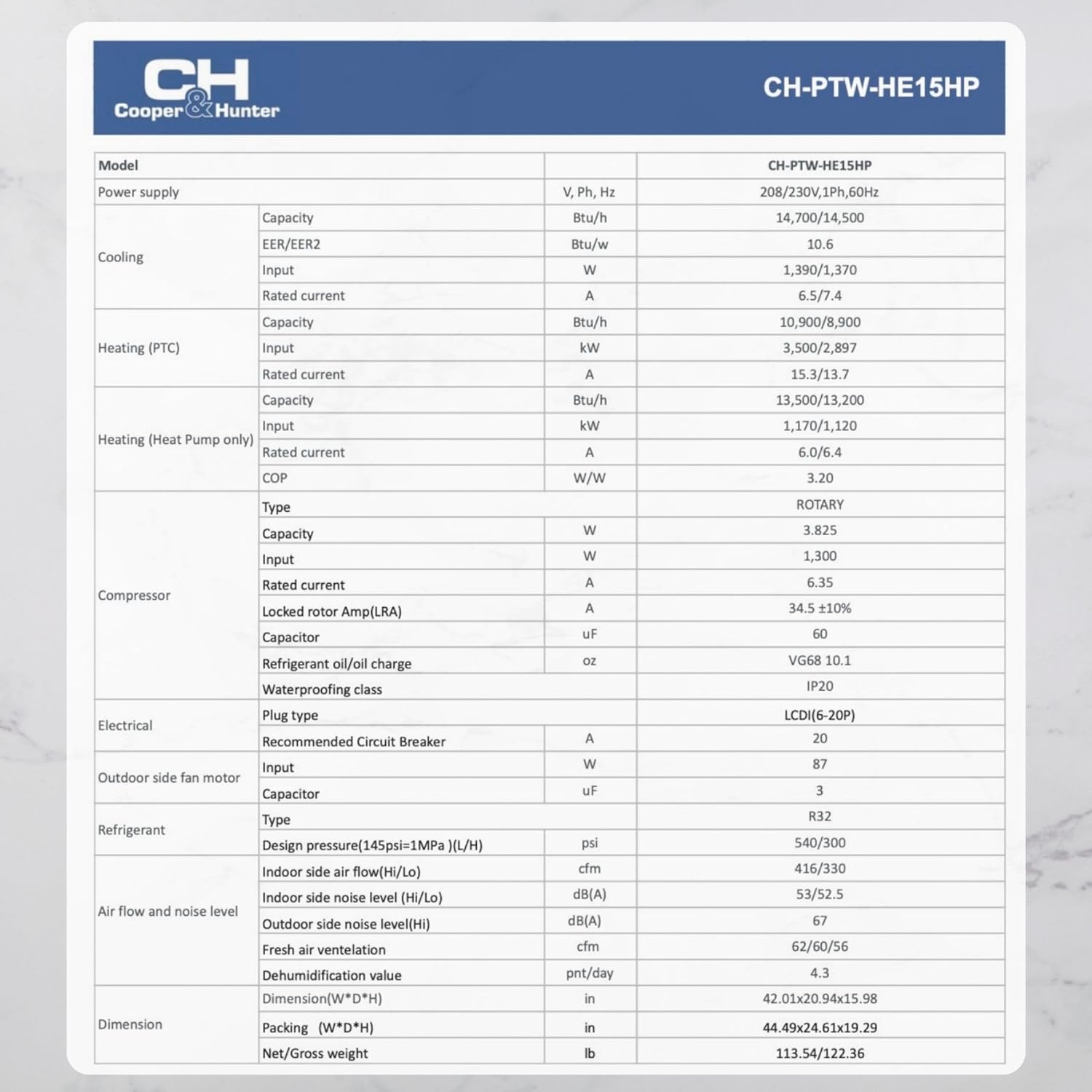 Cooper & Hunter 15,000 BTU PTAC Packaged Terminal Air Conditioner & Heat Pump – Built-In 3.5kW Electric Heater – Includes Wireless Smart Kit, Remote & Power Cord – R-32 Refrigerant