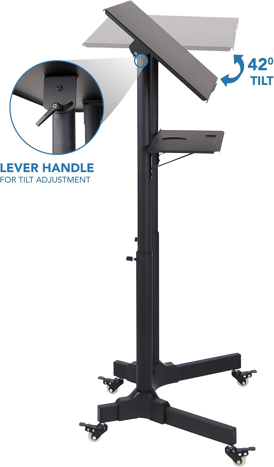 Mount-It! Mobile Podium Stand with Wheels, Adjustable Height Rolling Lectern, Portable Standing Desk with Tilted Shelf and Storage for Office, Classroom, and Presentations