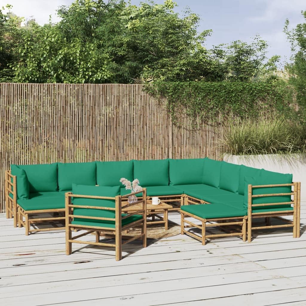 Garden Lounge Set Natural Bamboo, Green Bamboo, 12-Piece Outdoor Patio Furniture Set, 100% Polyester Cushions, Oiled Finish, for Balcony & Terrace
