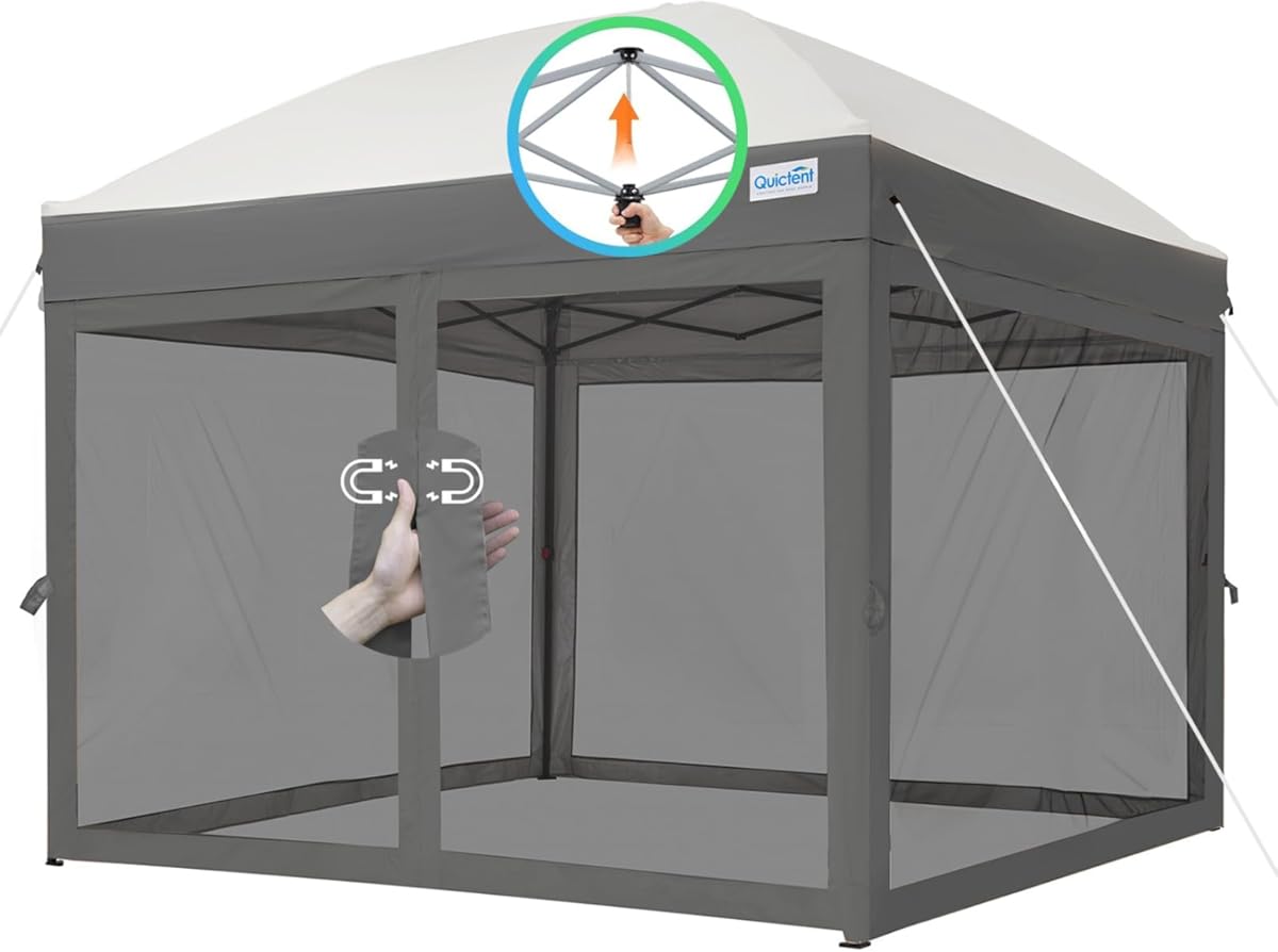 Quictent 8'x8' Pop up Canopy Tent with Netting, Auto-Close Magnetic Doors, One Person Instant Setup Screen House Room Tent Screened Waterproof (Gray)