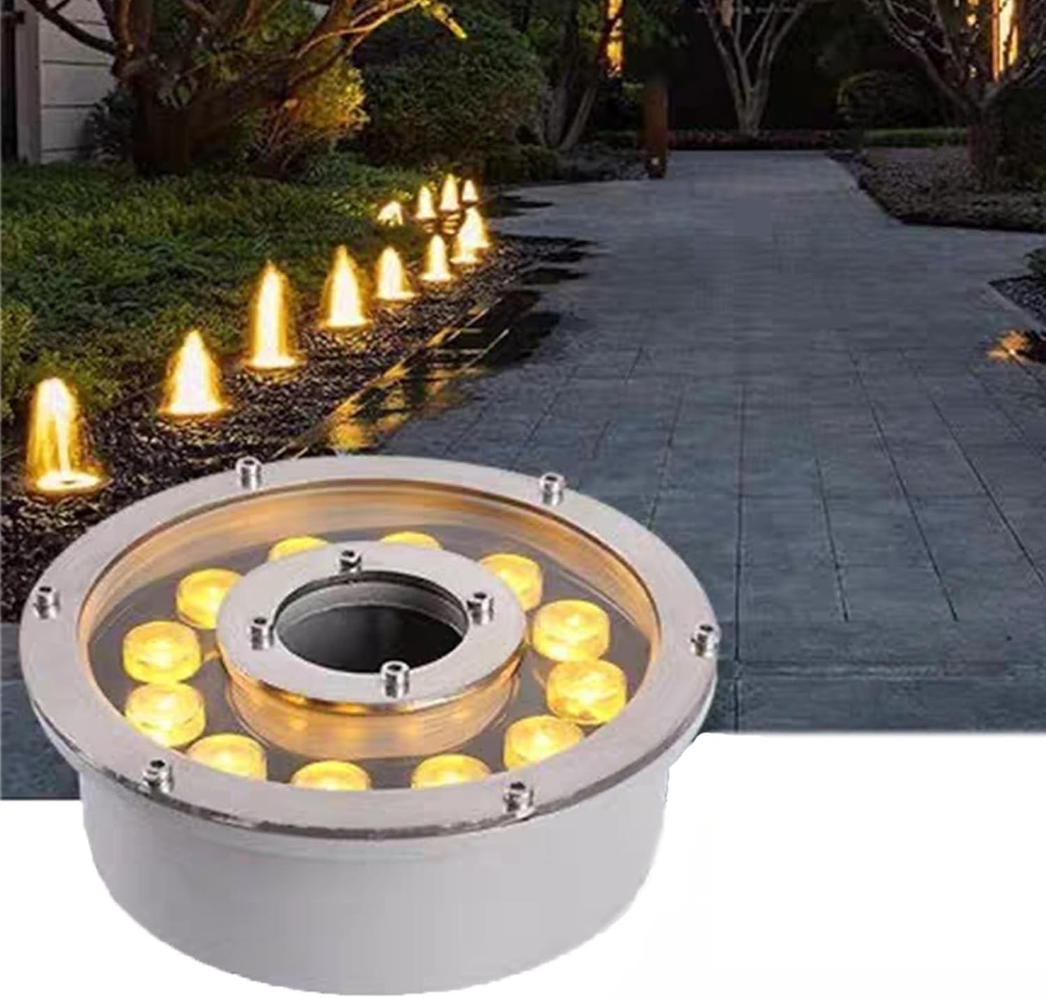LED Ring Fountain Light - Underwater Pool Light, 12V Outdoor Spotlight, IP68 Waterproof Submersible Fountain Lamp, Stainless Steel Low Voltage Middle Hole Pond Lights(RGB,24W)