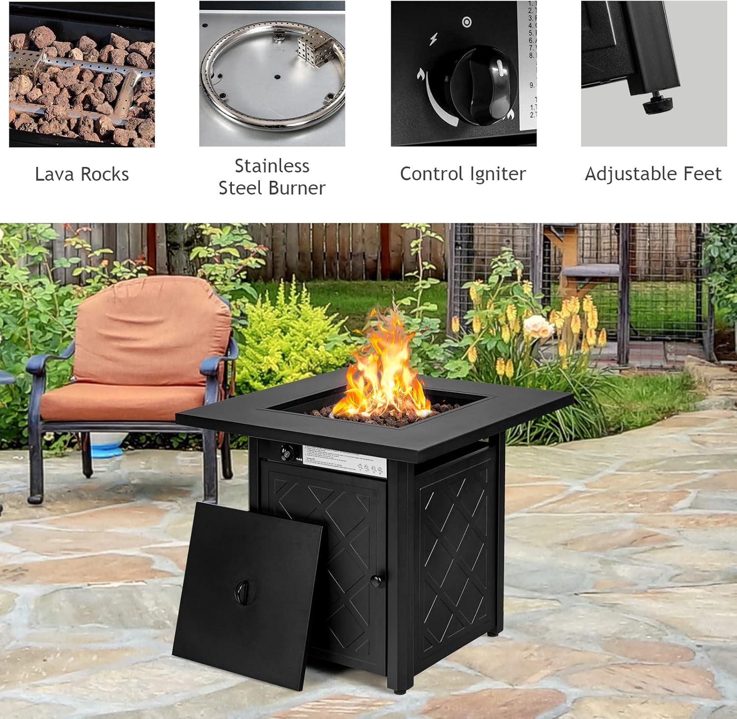 28-Inch Fire Table Outdoor, 50,000 BTU Gas Fire Pit Table with Metal Tabletop, Lid, Lava Rock, Electric Igniter & Hideaway Tank Holder, Propane Fire Table for Outside, Garden, Party(Black)