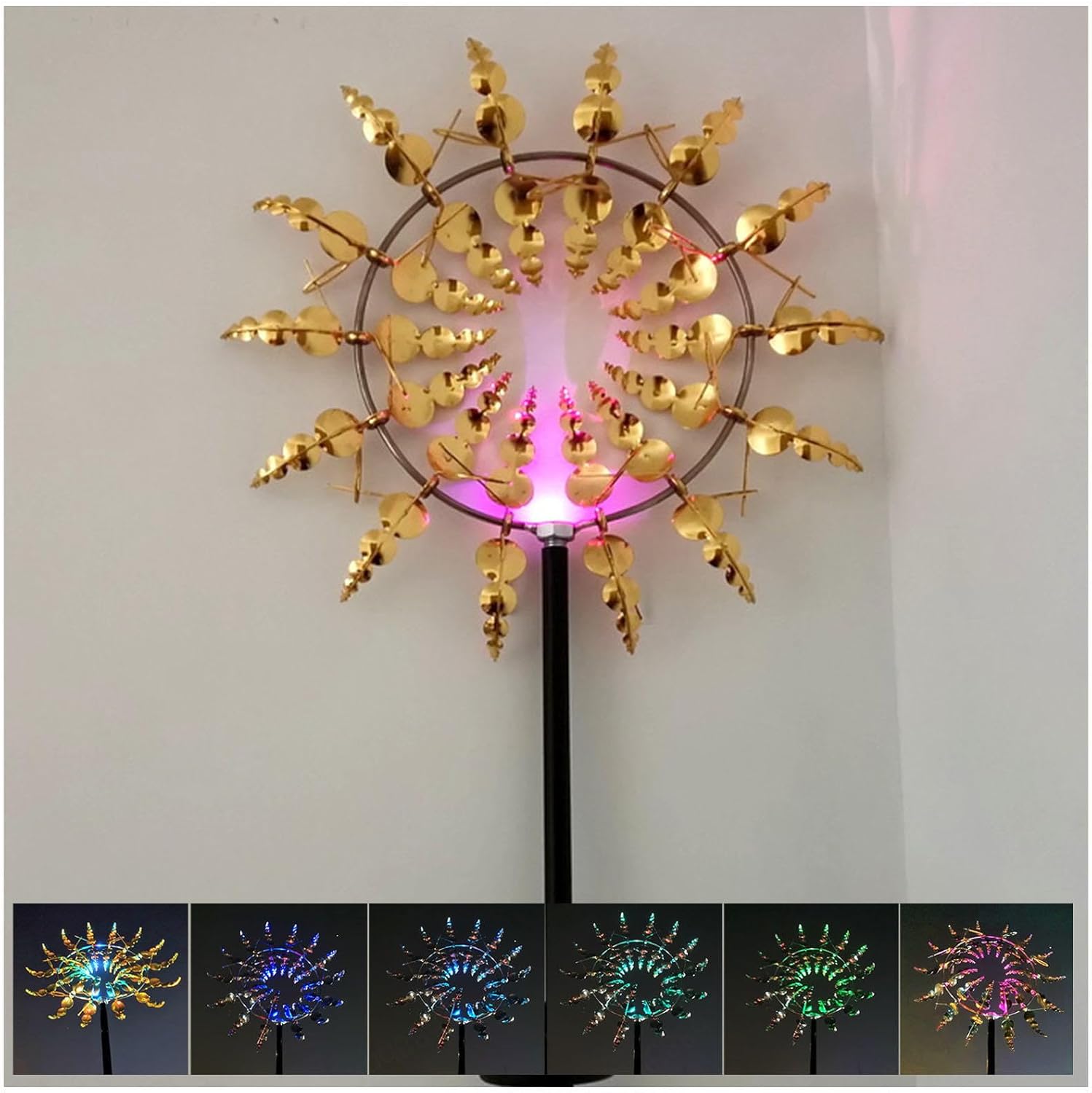 Solar Magical Windmill, Metal Yard Spinners 3D Wind Powered, 13.4 x 71in Wind Sculpture,Gold