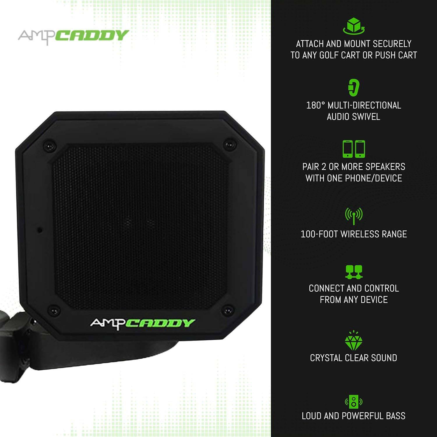 Ampcaddy Golf Bluetooth Speaker with Mount, Bluetooth Speaker and Mount with Loud Stereo Sound and Bass Boost, Extended Playtime and Range (V3 Pro - 15 Watts)