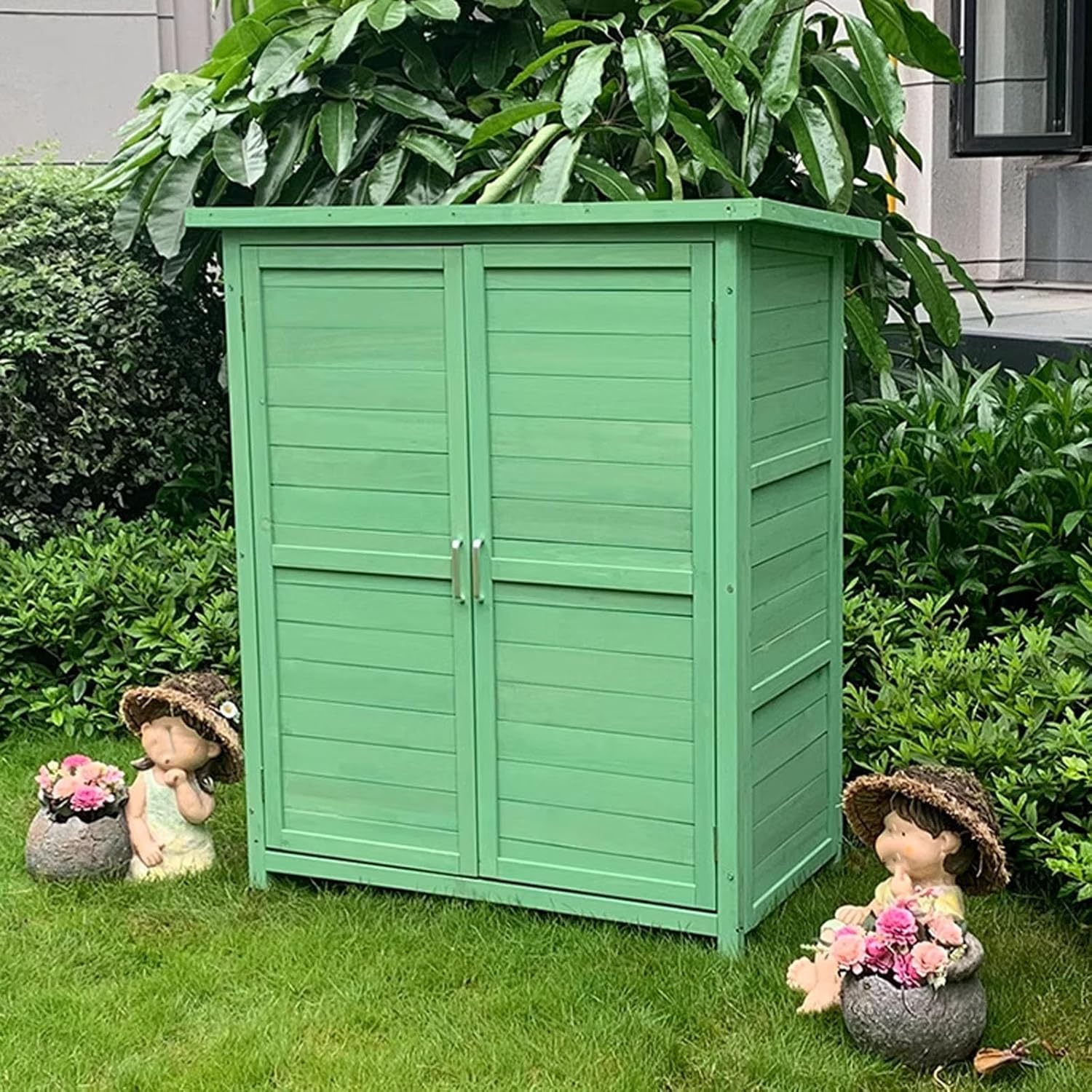 Outdoor Storage Cabinet Waterproof Vertical Adjustable Foot Pads Large Outdoor Storage Box Waterproof Easy to Assemble for Delivery Patio Garden and Porch(Green)