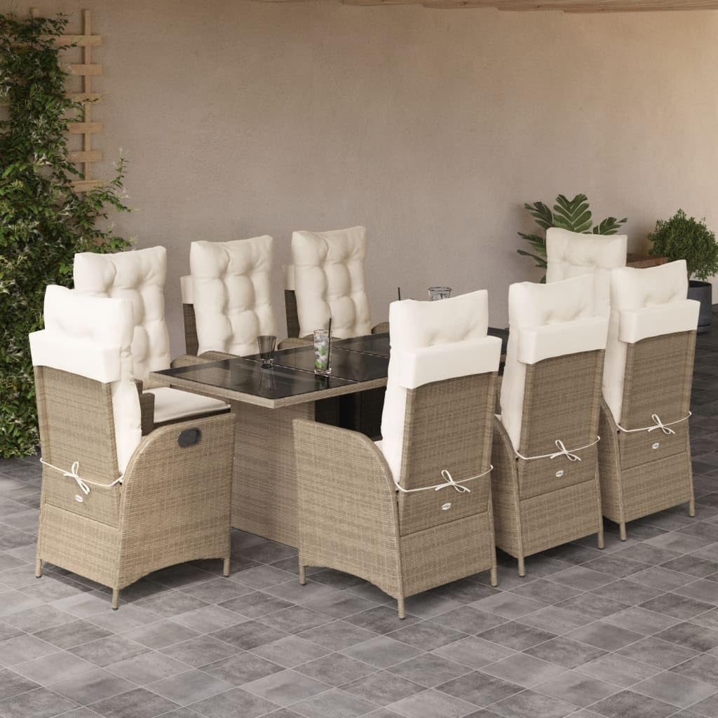9 Piece Patio Dining Set with Cushions Beige Poly Rattan,Outdoor Dining Set with Adjustable Reclining Garden Chairs and Tempered Glass Table Furniture Sets for Patio, Lawn & Garden