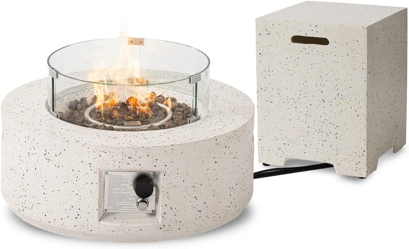 SUNBURY Outdoor 28 Inch Propane Fire Pit Table, Round Fire Table w Tank Table, 40,000 BTU Spotted White Patio Gas Fire Table w Tempered Glass Wind Guard, Waterproof Cover