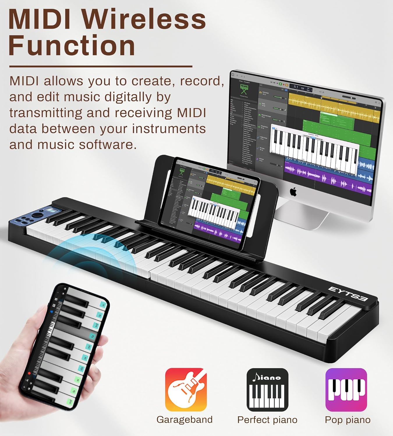 61 Key Folding Piano Keyboard, Semi-Weighted Key Folding Piano, Portable Piano Keyboard, Wireless & MIDI, Foldable Electronic Keyboard Piano for Beginners (Black)