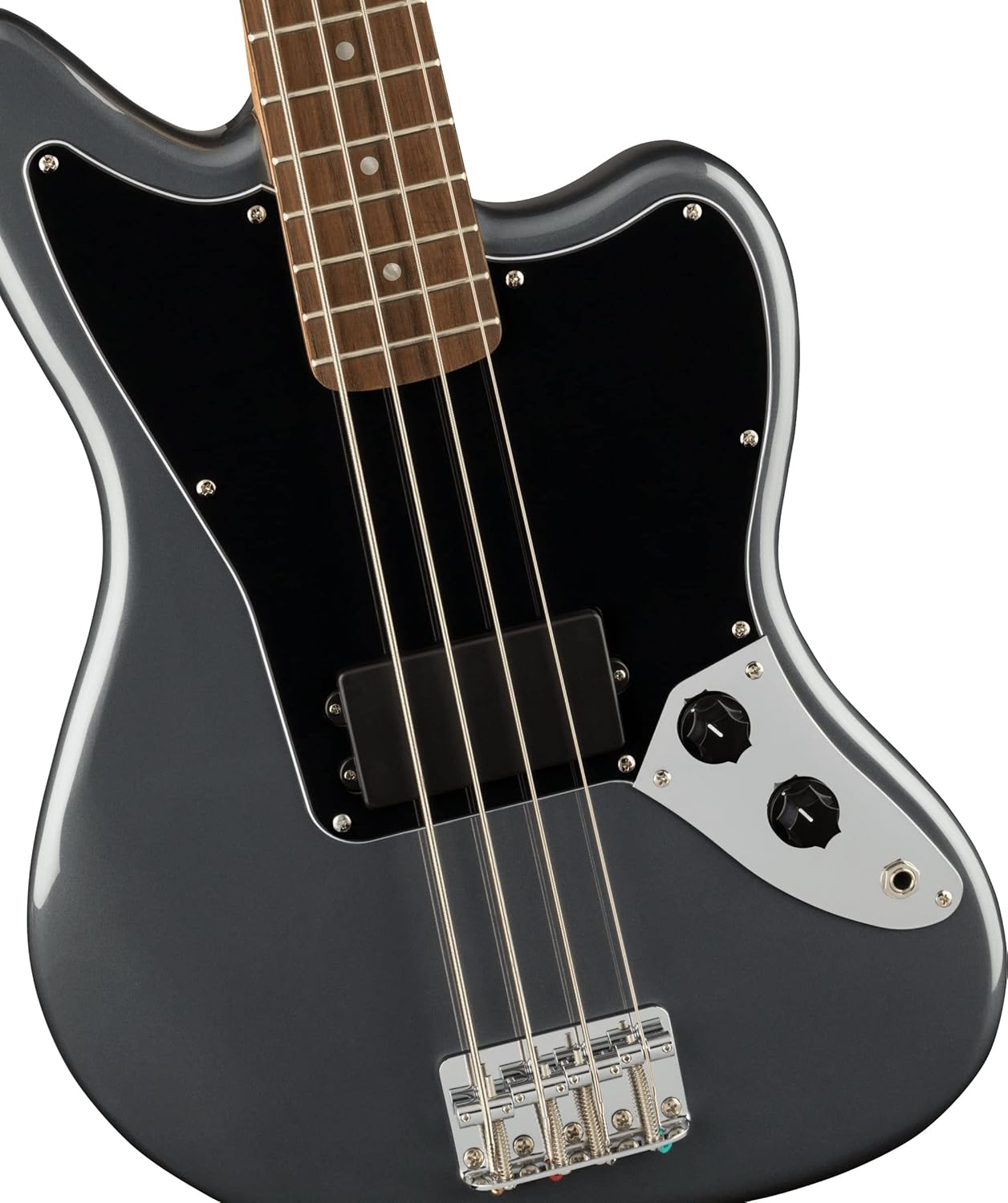 Fender Squier Affinity Jaguar Bass H - Charcoal Frost Metallic Bundle with Rumble 15 Amplifier, Instrument Cable, Gig Bag, Tuner, Strap, and Austin Bazaar Instructional DVD