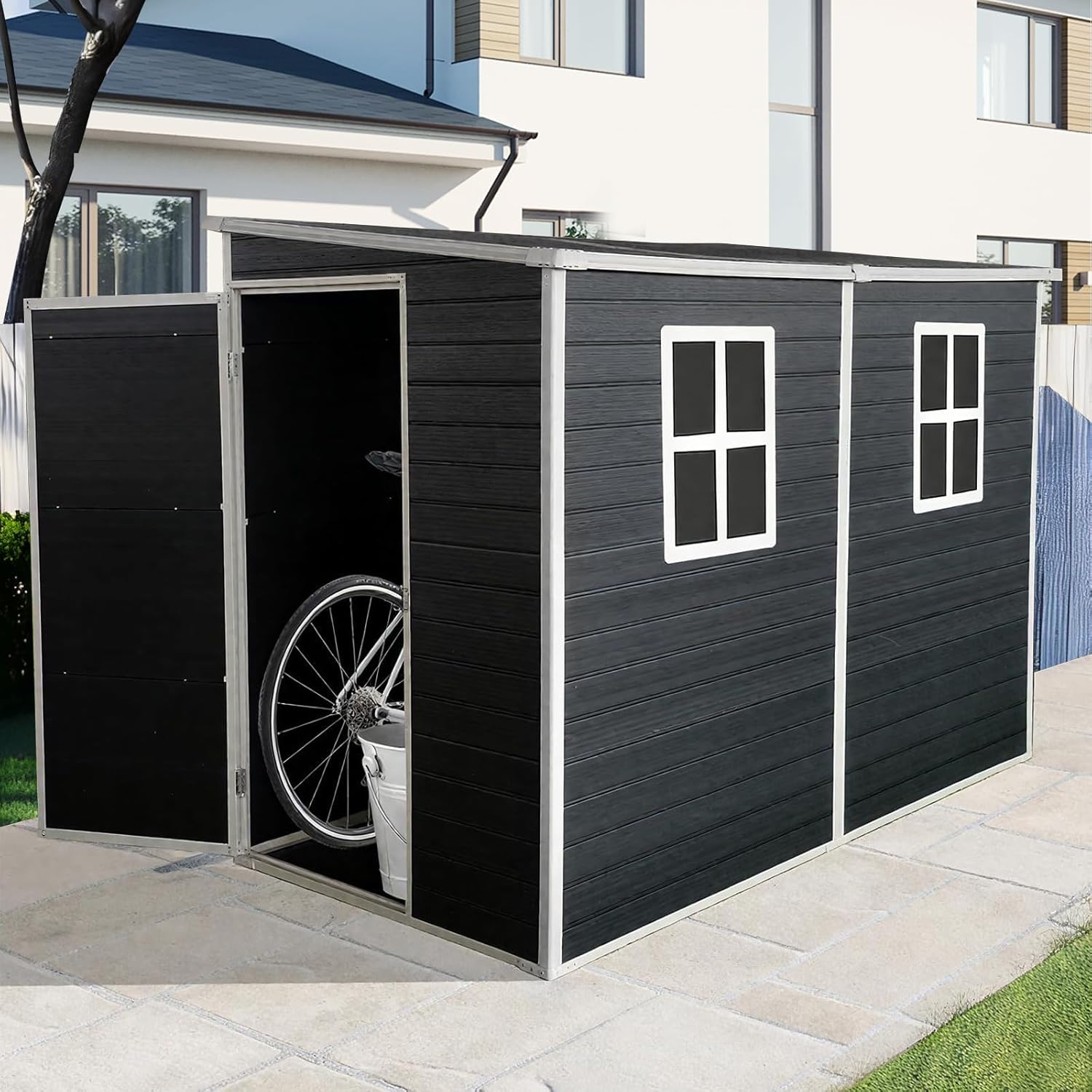 4x8 FT Resin Storage Sheds Outdoor with Floor, 2 Windows & Lockable Door Storage Shed - Waterproof Garden Tool Shed, Patio & Backyard Tool Storage Cabinet Use - Black