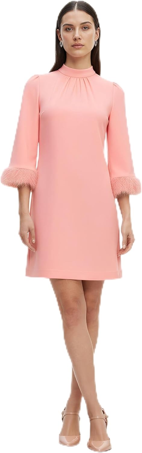 Anne Klein Womens Long Sleeve Feather Trim Shift Dress