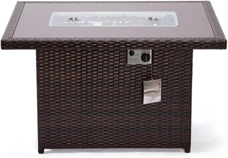 LeisureMod 44-Inch Propane Fire Pit Table, 50,000 BTU Auto-Ignition Gas Fire Pit with Lid, Tempered Glass Wind Guard & Decorative Stones, Dark Brown