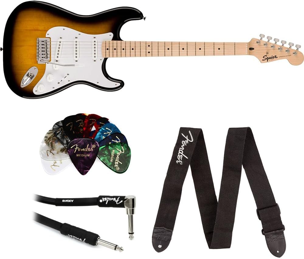 Squier Sonic Stratocaster Electric Guitar 2-Color Sunburst, Maple Fingerboard, White Pickguard Bundle with Fender Logo Guitar Strap Black, Fender 12-Pack Celluloid Picks, and Instrument Cable