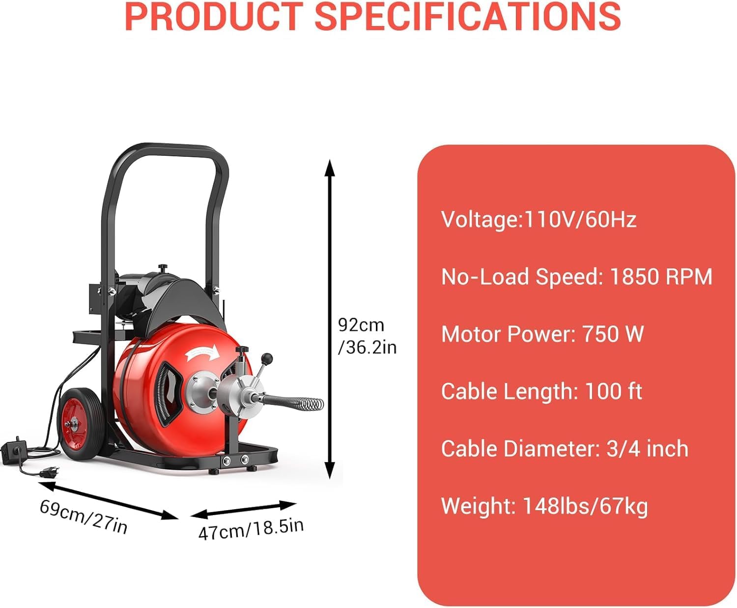 Sewer Snake,Electric Drain Snake with Auto-Feed, 100 ft x 3/4 inch Cable - 450W Portable Drain Cleaning Machine, 6 Cutters & Air-Activated Foot Switch for 4 to 8 inch Pipes