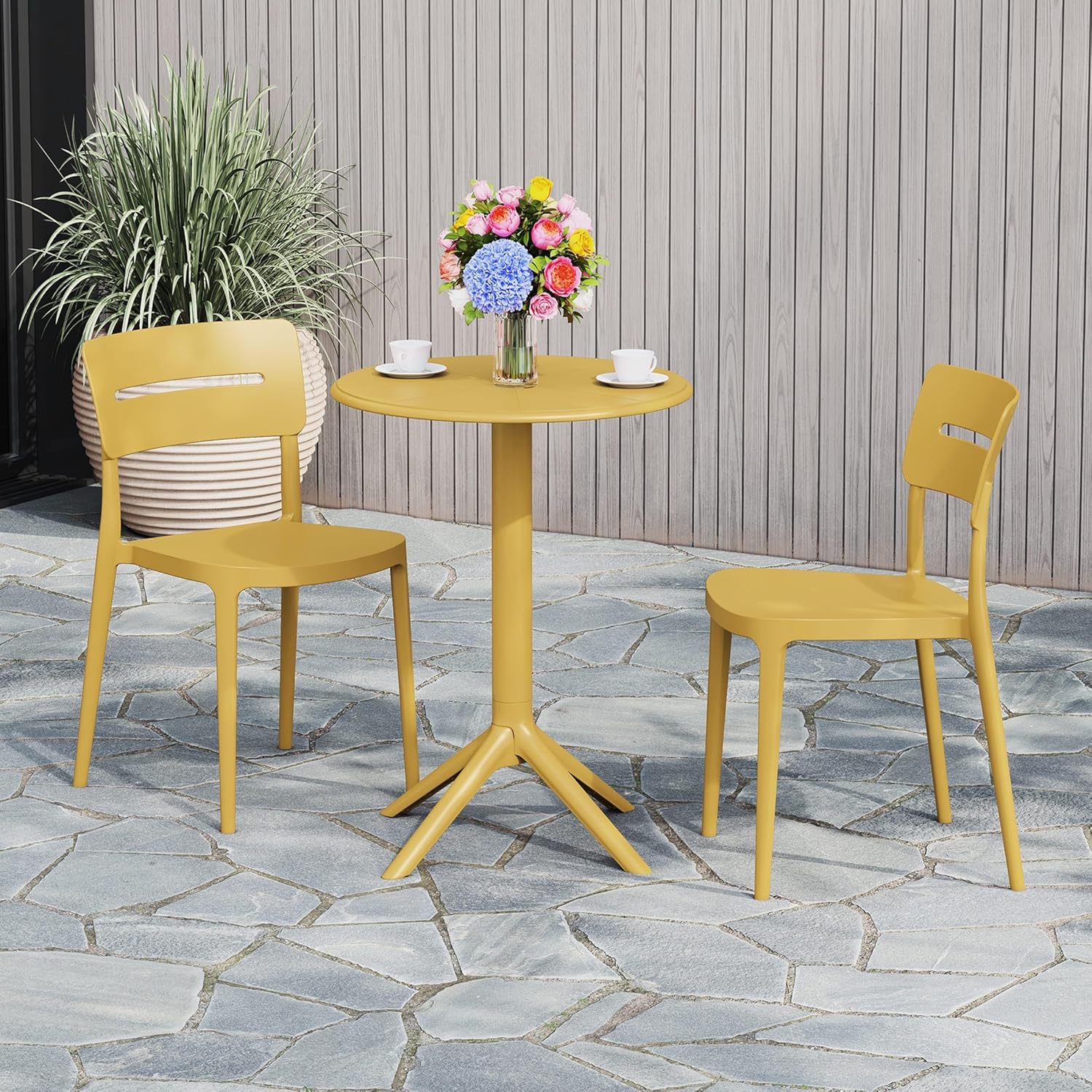 Costaelm Sunshine 3-Piece Outdoor Resin Patio Bistro Set with Stackable Patio Dining Chairs, Yellow