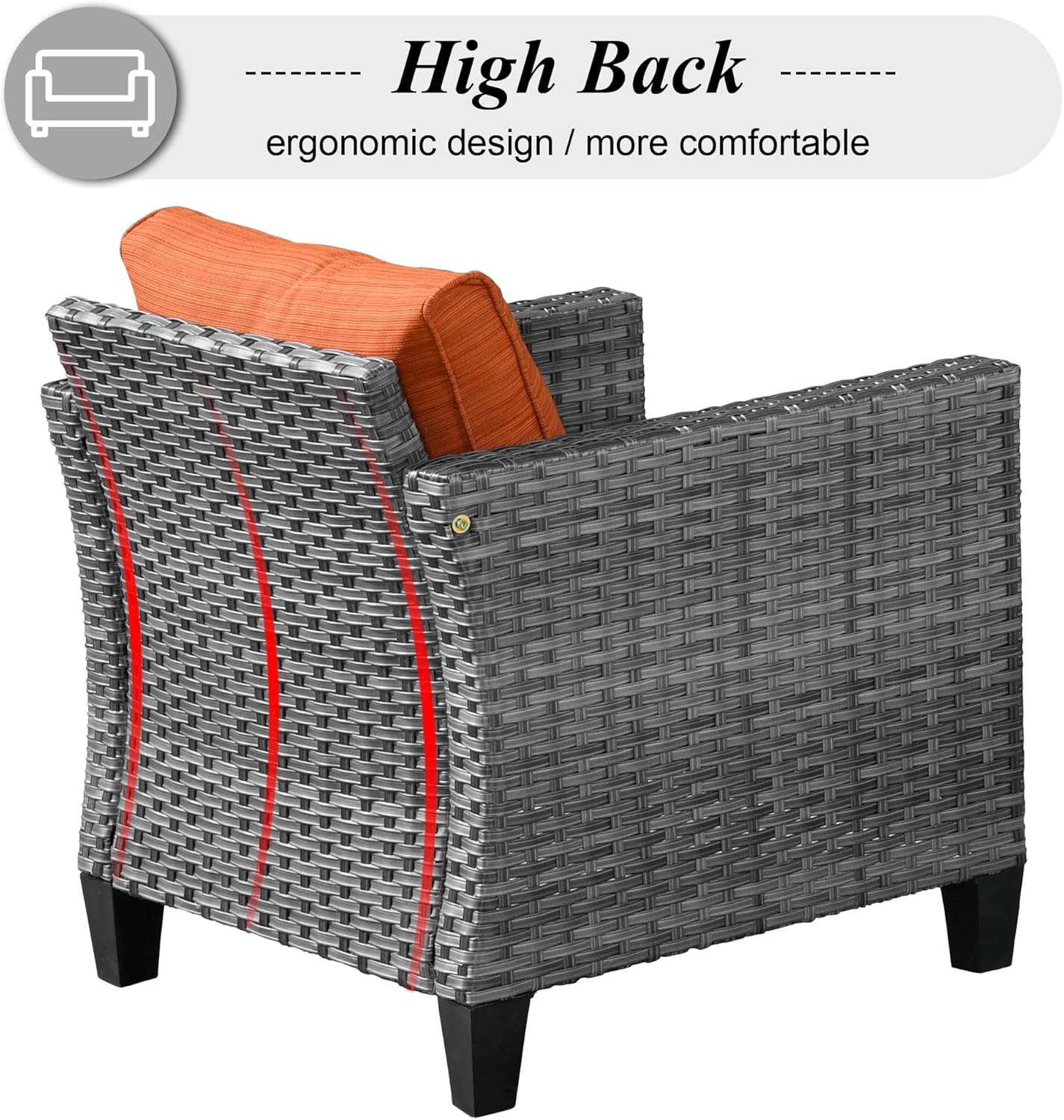 HOOOWOOO Patio Outdoor Furniture Set with Propane Fire Pit Table,5 Piece Modern Wicker Couch Sofa Set, Outside All Weather Resistant Conversation Seating Set with Tilt Back(Orange Red)