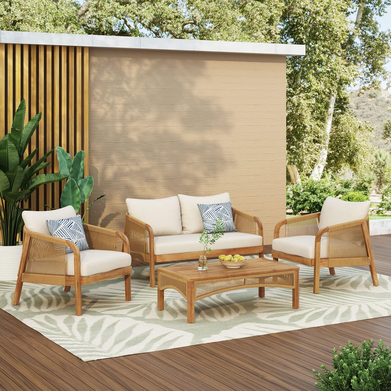 4 Pcs Wood Patio Furniture Set, Outdoor Furniture with Coffee Table, Patio Conversation Set Deep Seating with Soft Cushion, Porch Chairs for Garden, Backyard Porch Balcony, Brown Beige
