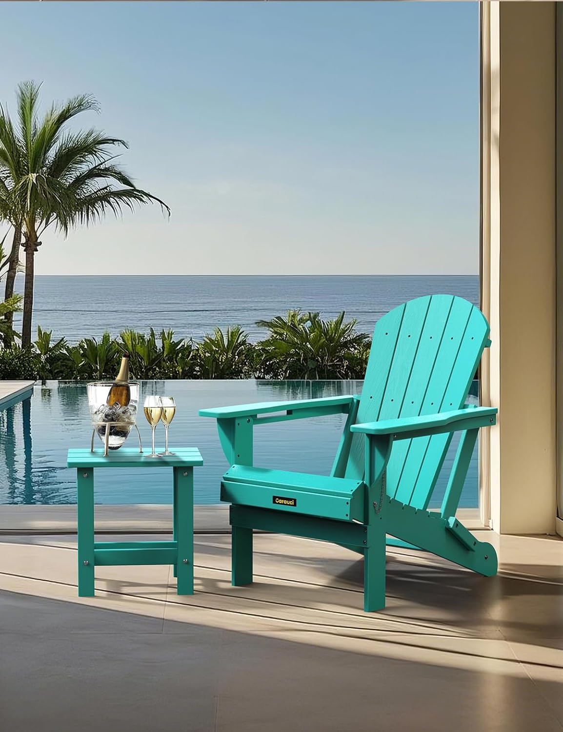 Plastic HDPE Adirondack Chair, Folding Adirondack Chair Weather Resistant with Cup Holder, Wooden Textured Fire Pit Outdoor Chair for Garden, Porch, Lawn, Backyard, Supports 380LBS, Lake Blue