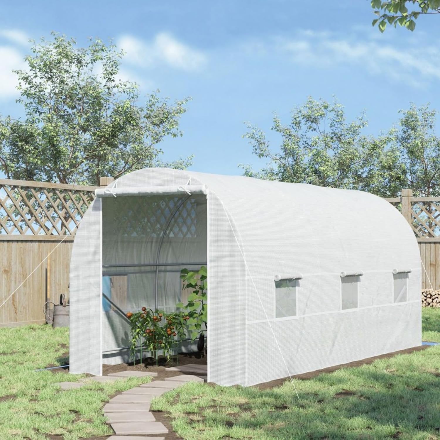 15' x 7' x 7' Walk-in Tunnel Greenhouse, Large Garden Hot House Kit with 6 Roll-up Windows & Roll Up Door, Steel Frame