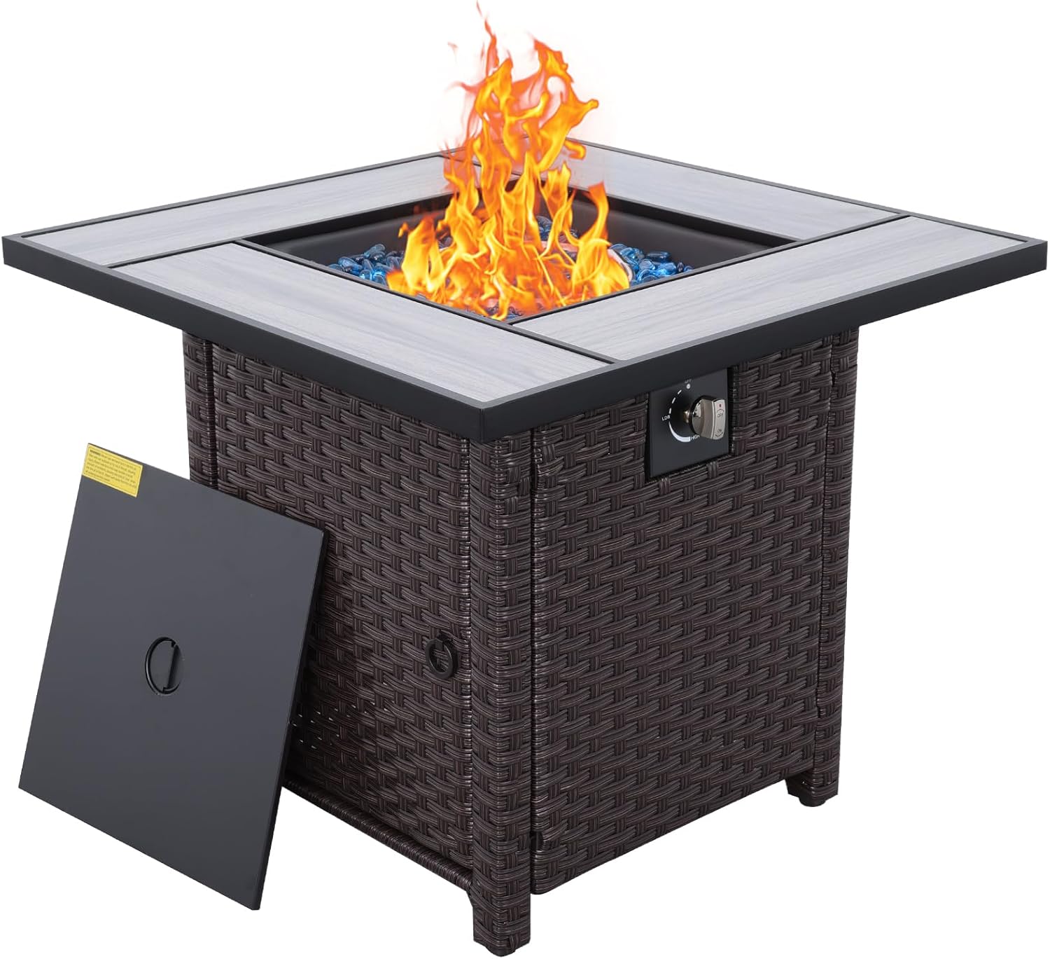 WAROOM Propane Fire Pit, 30 Inch Outdoor PE Wicker Gas Fire Pit Table with Fire Glass, and Waterproof Cover, for Parties and Gatherings on Patio Garden Backyard Porch