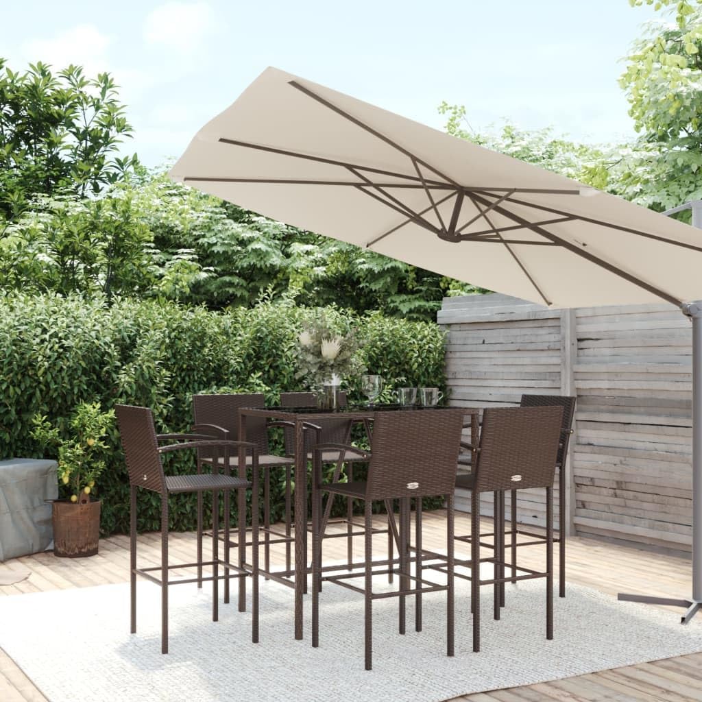 Furniture Sets 7 Piece Patio Bar Set Brown Poly Rattan,Rattan Outdoor Bar Set with Comfortable Stools and Durable Glass Tabletop for Garden, Patio, and More Garden Conversation Sets