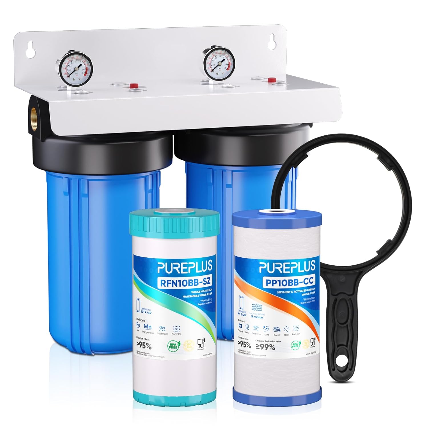 PUREPLUS 2-Stage Whole House Water Filtration System, Reduces Chlorine, Odor, Heavy Metals, Iron, Manganese, 10