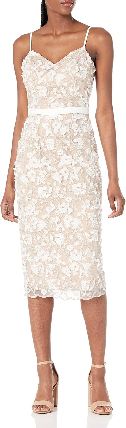 Dress The Population Womens Emma V Neck Embroidered Sleeveless Belted Midi DressDress