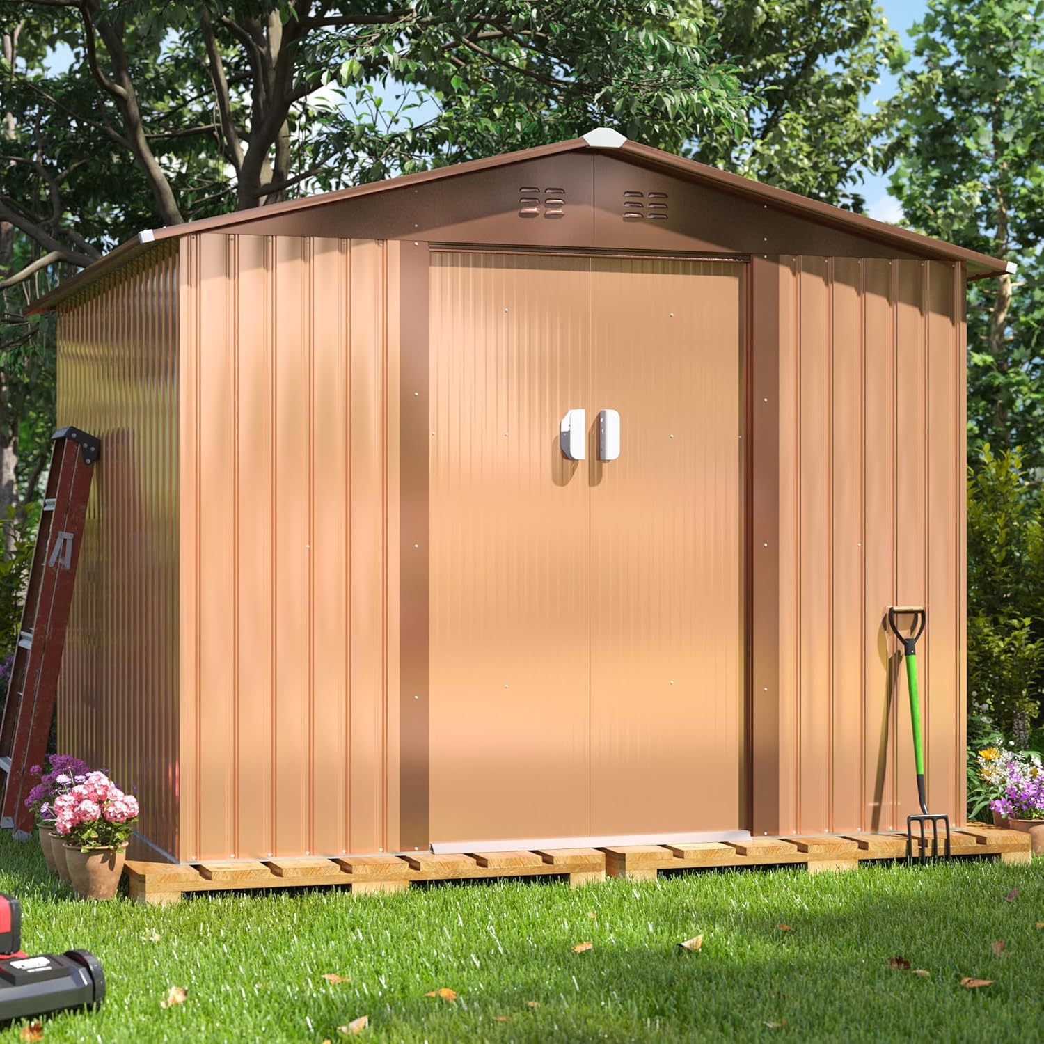 JAXPETY 8'x8' Garden Shed, Large Metal Lockable Outdoor Storage Shed & Outdoor Storage Garden Shed Tool Outdoor Storage Shed with Sliding Doors and Air Vent for Backyard, Patio, Lawn Coffee