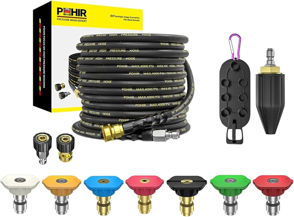 POHIR Pressure Washer Hose 50 ft with 3/8 Inch Quick Connect, Kink Resistant High Tensile Wire Braided, 9 Pack Pressure Washer Nozzle Spray Tips Full Set, Nozzle Tips Set with Nozzle Holder