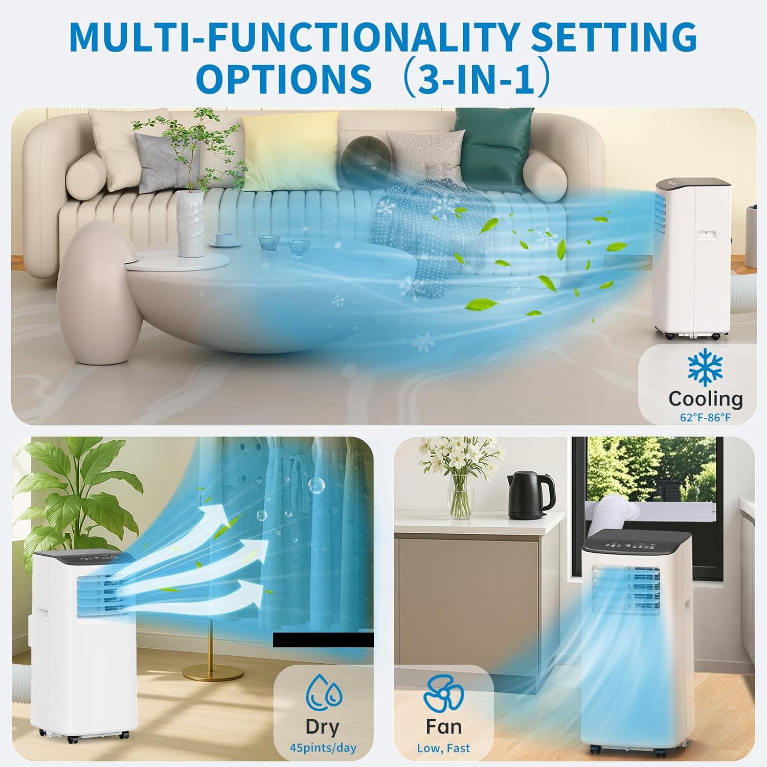 8000BTU Portable Air Conditioner, 3 in-1 Room Air Conditioner with Fan & Dehumidifier Modes, AC Unit Cools up to 350 Sq.Ft, Remote Control & 24H Timer, for Bedroom, Office and Living Room