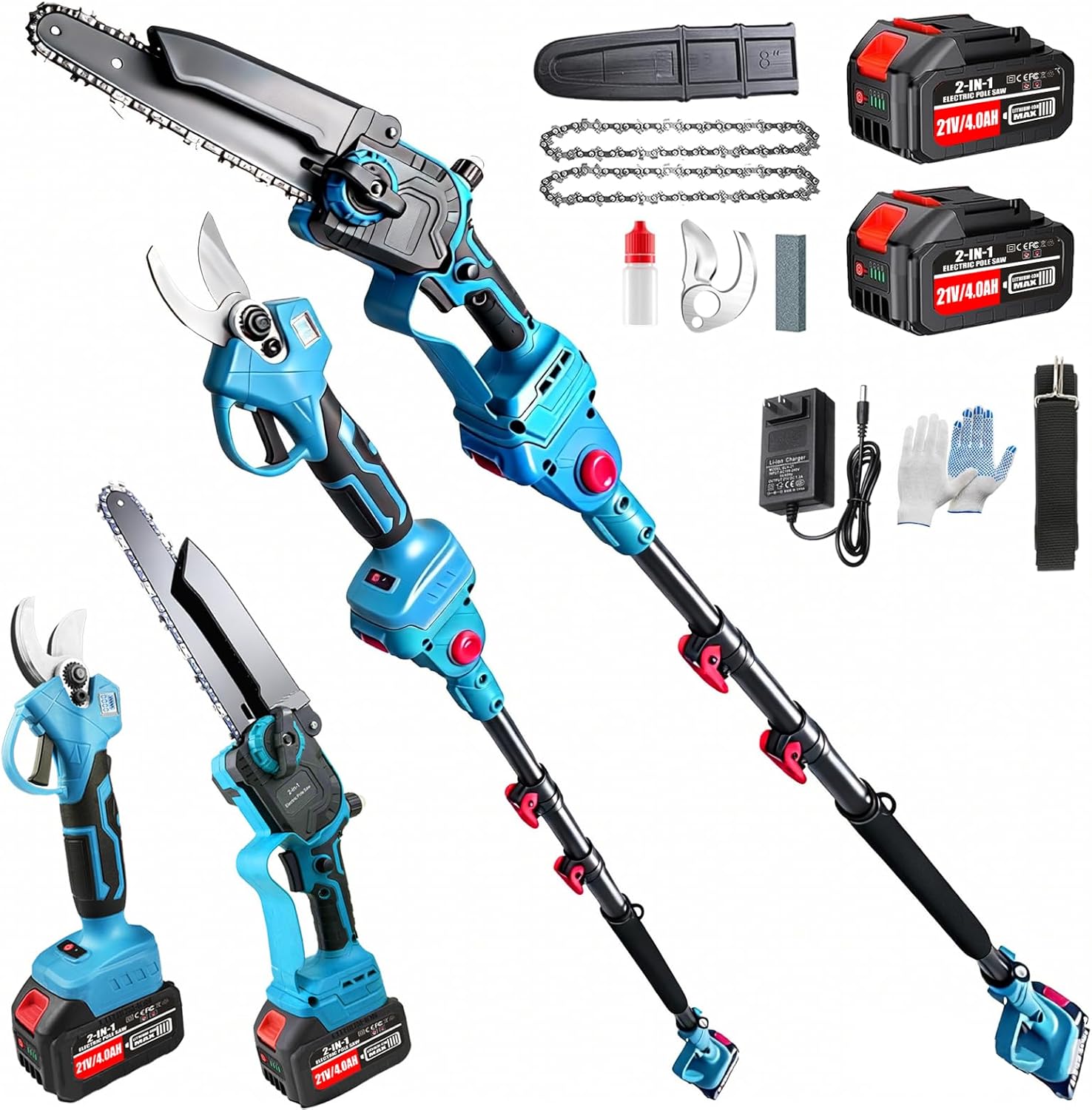 4-in-1 Electric Pole Saws Cordless 8 Inch & Electric Pruning Shears for Tree Trimming with 16FT Extension Pole & 2×4.0Ah Battery Powered, Brushless Tree Trimmer Pole Saw Limb Branch Cutter Tree Pruner
