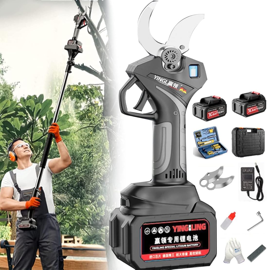 Electric Pruning Shears Branch Scissor Cutter Pruner with Reach Extension Pole 130-240cm Telescopic Electric r Cutting Diamete 50mm,Battery*2