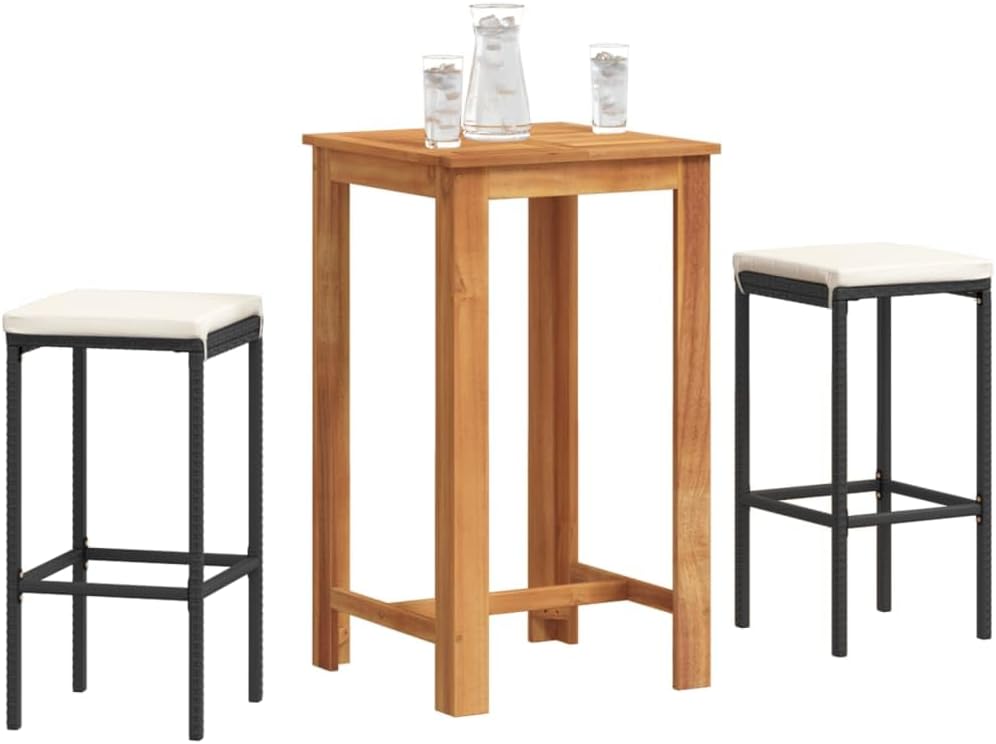 3 Piece Patio Bar Set Black Solid Wood Acacia and Poly Rattan Garden Furniture