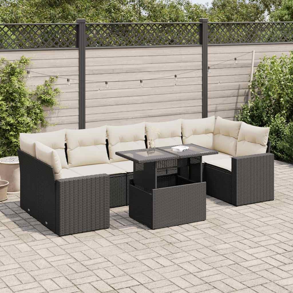 8-Piece Modular Garden Sofa Set with Adjustable Armrests, Black PE Rattan Outdoor Furniture for Patio, Functional Storage and Durable Construction