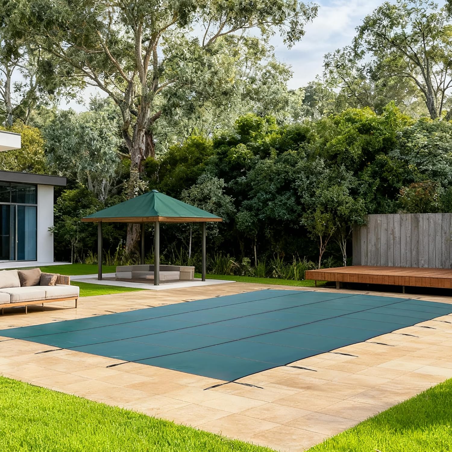 16x32ft Inground Pool Safety Cover, Heavy-Duty Rectangle Mesh Pool Cover with Anchoring Hardware Kit, Winter Safety Covers for In Ground Swimming Pools, Green Mesh