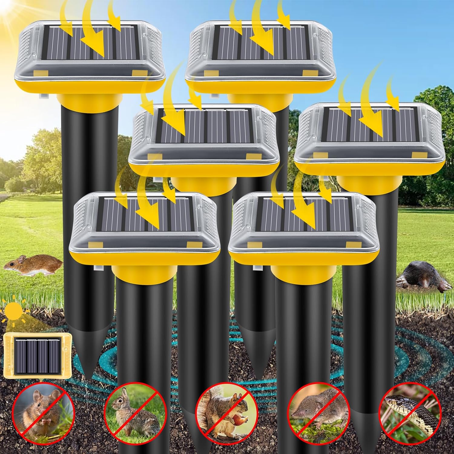 Ultrasonic Mole Repellent Outdoor, Solar-Powered Gopher Repeller for Lawn Garden and Yard, Waterproof Mole Killer Traps, Effectively Repels Gopher Snake Vole Groundhog (Yellow-6 Pack)